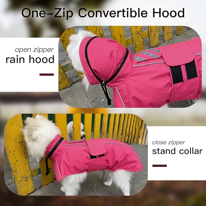 Dog Raincoat Waterproof , Reflective Adjustable Rain Jacket with Leash Hole, Convertible Hood/Collar Rain Coat for Dogs Poncho Breathable Lightweight (Neon Pink, XL)