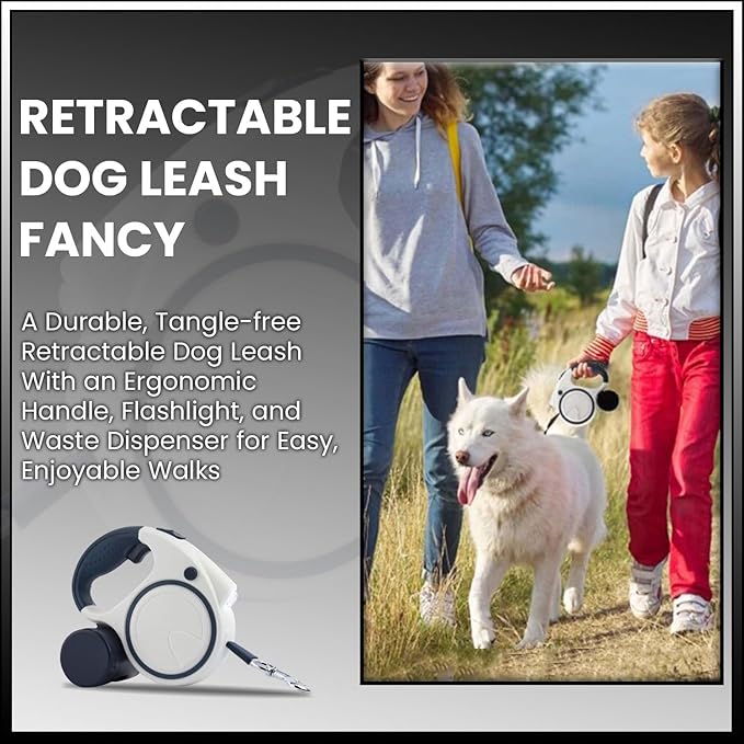 Best Dog Supplies Retractable Fancy Leash with Flashlight and Dispenser for Safe and Comfortable Walk with Your Pet - 16 ft White Dog Leash Suitable for All Pets