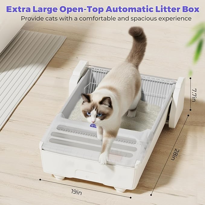 Self Cleaning Litter Box, 2025 Upgraded Open-Top Automatic Cat Litter Box for Multiple Cats, Weight Sensors Safety Protection/App Control/Odor Control/Easy Clean (White)