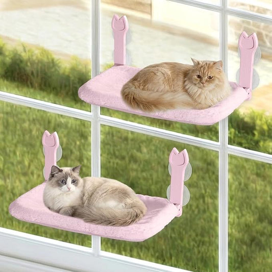 2 Pack Cat Window Perch,Cat Window Hammock Cordless Foldable Window Bed with 4 Large Strong Suction Cup,Reversible Cushion Cover,Metal Frame Easy to Adjust Window Seat Holds up to 40lbs(Pink，M)