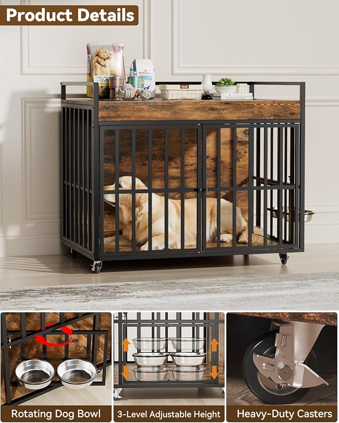 43 Inch Dog Crate Furniture, Heavy Duty Dog Kennel with 3 Doors, 2 Adjustable Bowls and Lockable Wheels, Wooden Dog House for Large Dogs, End Table Dog Cage, Rustic Brown