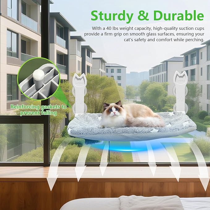 2 Pack Cat Window Perch, Glow in The Dark Foldable Cat Window Hammock with Sunken Design, Removable Soft Cover, Breathable Cordless Window Bed for Cats Inside Holds up to 40lbs (Grey, 2 Pack)