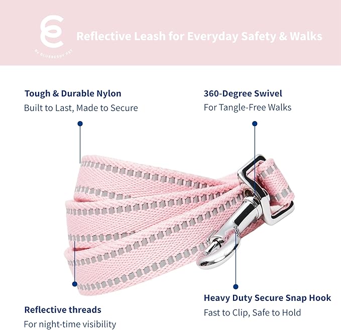 Blueberry Pet Essentials Reflective Dog Collar & Leash Set, Adjustable for Medium Dogs | Safe Walking Gear for Pet Parents, Puppy Training & Daily Use MediumDogs, Baby Pink