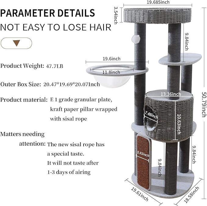 Cat Tree with Cat Scratching Post for Multiple Cats, Natural Wood Cat Tower with Handwoven Sisal Posts, Extra Thick Sturdy Base, Multi-Level Perches and Plush Condos for Indoor Cats (Grey, 50+in)