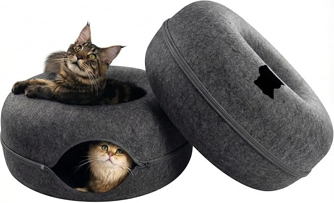 Cattasaurus Peekaboo Cat Cave Donut for Multiple & Large Cats up to 30-45 lbs, 3-in-1 Self Warming Cat Bed, Tunnel & Scratcher for Indoor Cats, Washable & Detachable (Dark Gray + Dark Gray, Large)