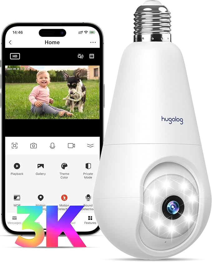 Hugolog 3K 5MP Light Bulb Security Cameras Wireless Outdoor-2.4GHz Cameras for Home Security Indoor with AI Sound Processing&Motion Detection,Color Night Vision,Auto Tracking,Siren Alarm,2-Way Talk