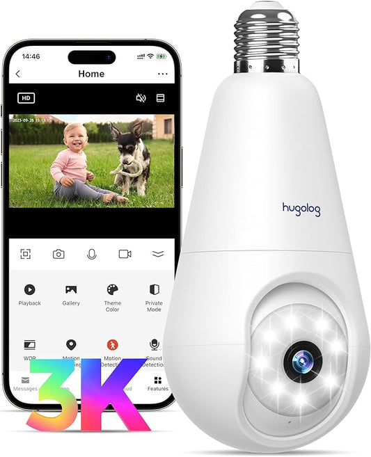 Hugolog 3K 5MP Light Bulb Security Cameras Wireless Outdoor-2.4GHz Cameras for Home Security Indoor with AI Sound Processing&Motion Detection,Color Night Vision,Auto Tracking,Siren Alarm,2-Way Talk