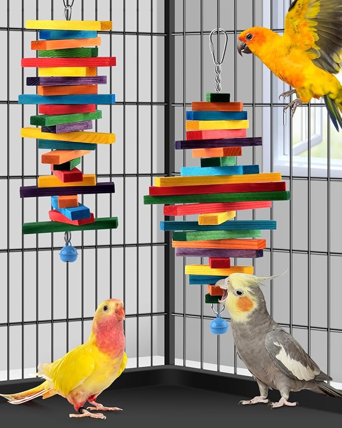 Bissap 2 PCS Bird Chew Toys, Multicolored Bagel Cascade Bird Parrot Chewing Sticks Biting Wooden Blocks Toy for Small Medium Conure Parakeet Cockatiels Lovebird Similar Sized Pet Birds
