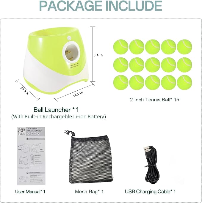 Automatic Dog Ball Launcher, Dog Ball Thrower Machine with 10-30Ft 3 Launching Distance, Interactive Toys for Small Dogs Indoor & Outdoor with 15 Mini Tennis Balls-2 Inch Light Green