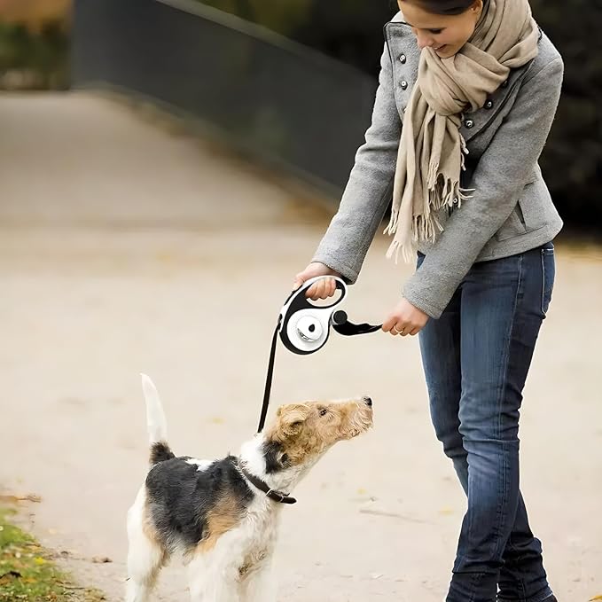 26Ft Retractable Dog Leash - for Dog Up to 110lbs, Tangle Free Walking Leash with Chew Proof Cable | LED Light | Dispenser | Poop Bags, Quick Lock Braking & Non-Slip Handle (White)
