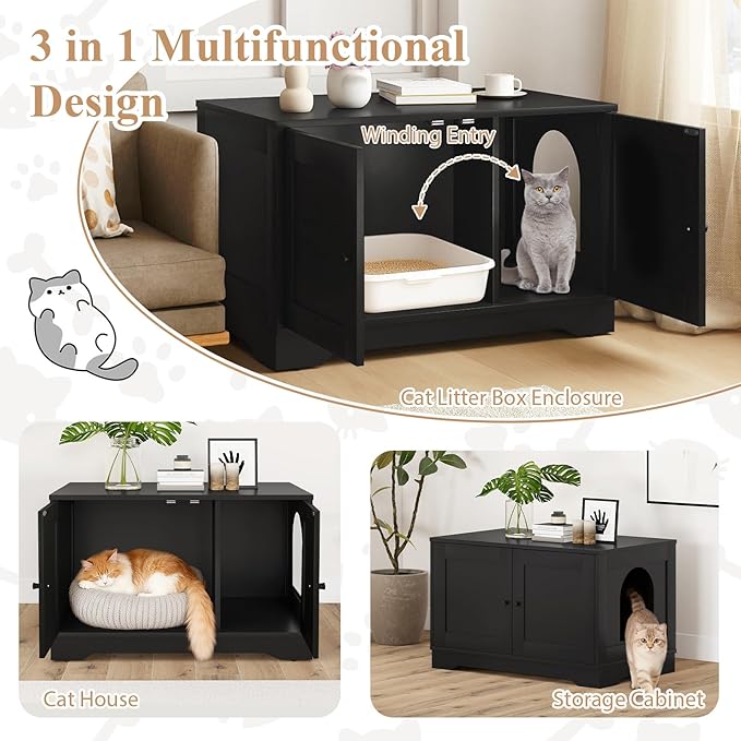 Tangkula Cat Litter Box Enclosure, Wooden Kitty Washroom Cabinet w/Winding Entry & Cat Hole, with Divider, Hidden Double Enclosed Litter Box Furniture for Living Room, Bedroom, Entryway (Black)