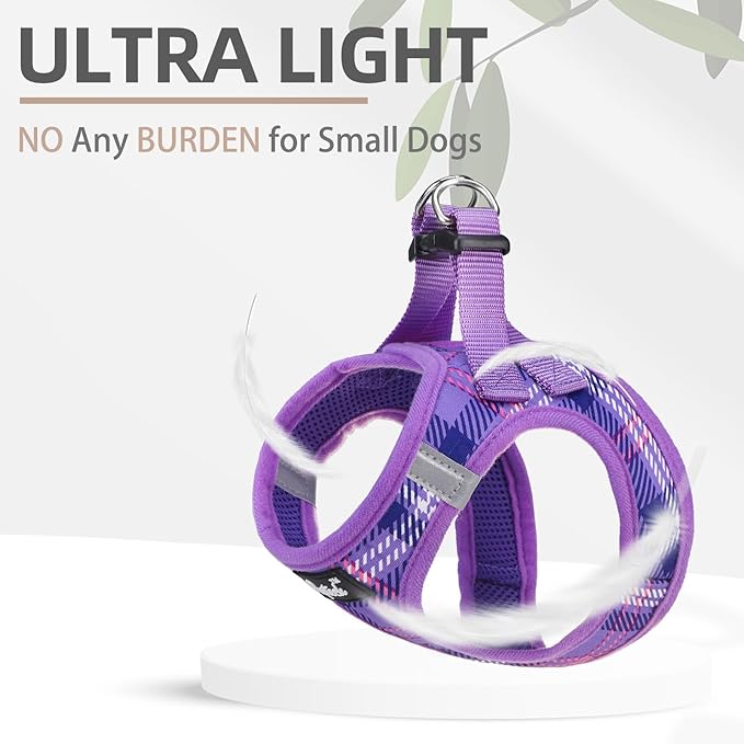 PUPTECK Dog Harness and Leash Set for Small Medium Dogs No Pull Step-in Soft Mesh Puppy Cat Vest Harnesses Reflective at Night, Plaid Pattern Purple S