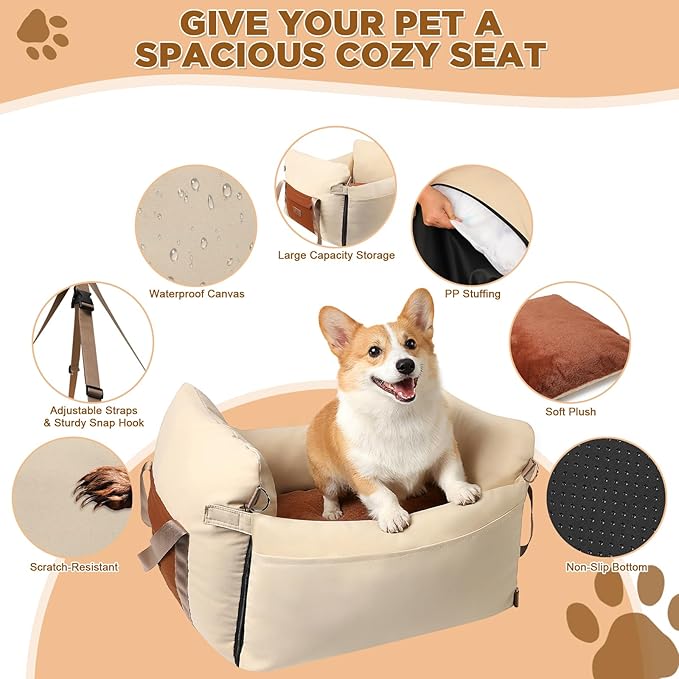 Dog Car Seats for Small Dogs, Waterproof Puppy Car Seat with Side Handles and Large Pockets, Clip-On Safety Leash and PP Cotton Filling, Pet Booster Seat for Small Dog up to 25lbs (Apricot)