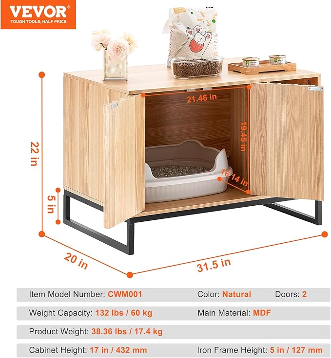 VEVOR Cat Litter Box Enclosure, Hidden Litter Box Furniture, Wooden Cat Washroom Indoor with 2 Doors & Sturdy Metal Legs, Cat House Cabinet Hidden Fit Most Litter Box, 31.5"L x 20"W x 22"H, Brown