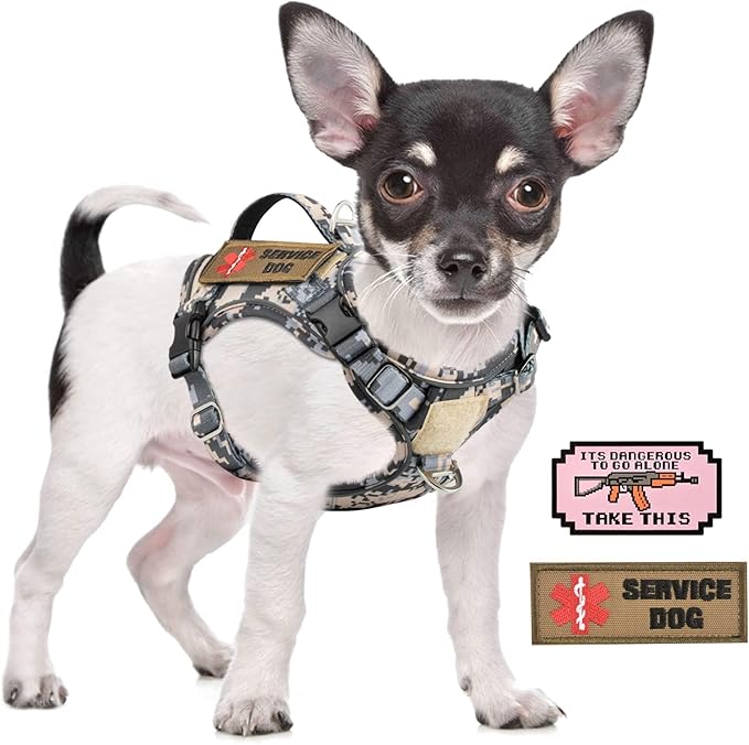 XS Dog Harness Tactical Style, No Pull Military Service Dog Vest with Vertical Handle, Outdoor Training Small Puppy Vest Chihuahua Harness (Camo Grey, XS)