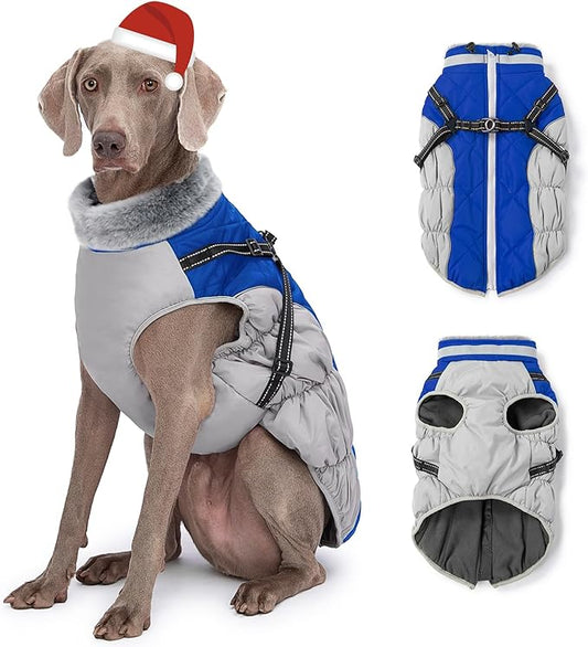 Dog Winter Coat with Harness, Dog Jacket, Pet Clothes with Zipper on Back, Waterproof Windproof Warm Vest, Reflective Cold Weather Coats, for Small Medium Large Dogs, Thick, Blue, XL