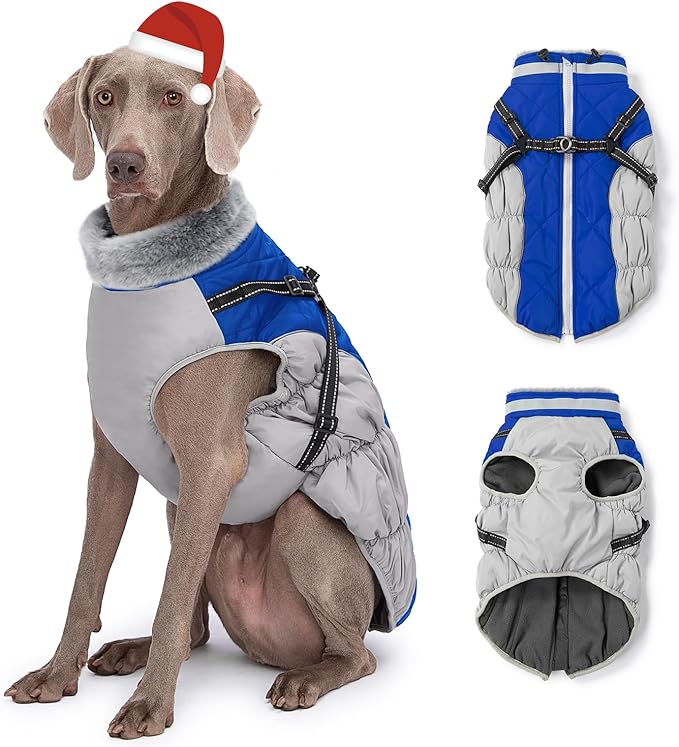 Dog Winter Coat with Harness, Dog Jacket, Pet Clothes with Zipper on Back, Waterproof Windproof Warm Vest, Reflective Cold Weather Coats, for Small Medium Large Dogs, Thick, Blue, 2XL