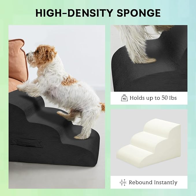 Dog Steps for Small Dogs, 3-Step Pet Ramp Stairs for High Beds and Sofa, Non-Slip Pet Stairs for Small Dogs and Cats, Removable and Easy to Clean Cover, Black