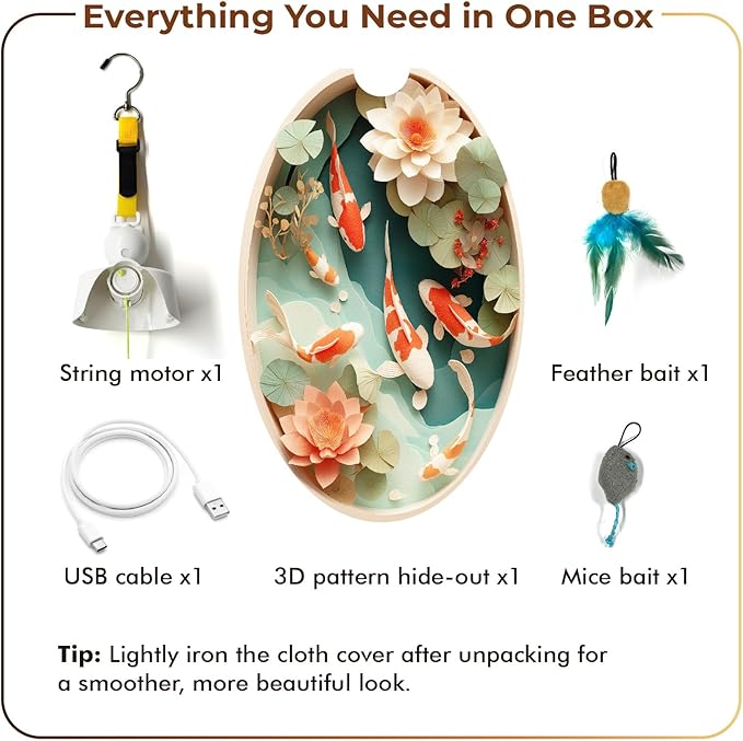 Interactive Cat Toys for Indoor Cats, Automatic Concealed Hide and Seek Hanging Feather Cat Toy, Rechargeable Motion-Activated Enrichment Toys for Bored Adult Cats (Fish Pond Pattern