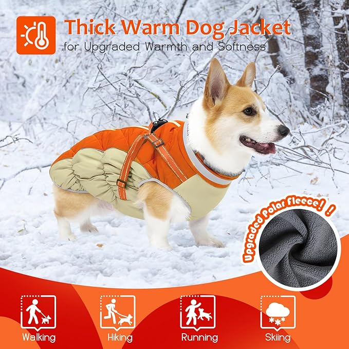 Dog Winter Coat with Harness, Dog Jacket, Pet Clothes with Zipper on Back, Waterproof Windproof Warm Vest, Reflective Cold Weather Coats, for Small Medium Large Dogs, Thick, Orange, 3XL