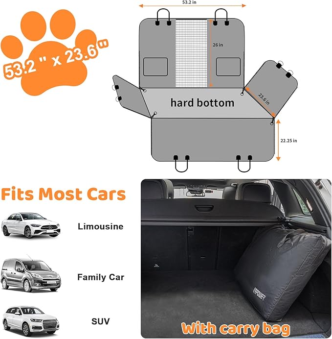 URPOWER High Barrier Back Seat Extender for Dogs, Hard Bottom Dog Car Seat Cover Holds 550 lbs, Waterproof Dog Hammock for Cars, SUV, Dogs Car Bed Pet Backseat Protector with Mesh Window