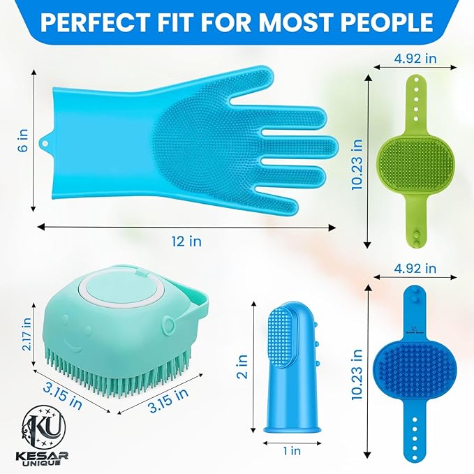 Dog Bathing Supplies – 8PCS Pet Shower & Grooming Kit for Dogs & Cats|Shampoo Dispenser with soft Silicone Bathing Gloves,Scrubber Brush & Finger Toothbrush|Dog Bath Brush for Short & Long Hair