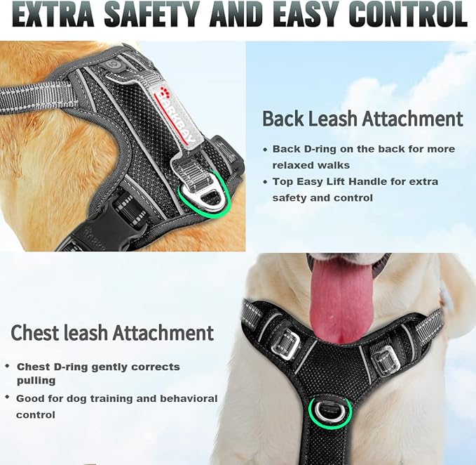 BARKBAY No Pull Dog Harness Large Reflective Dog Harness with Front Clip and Easy Control Handle for Walking Training Running with ID tag Pocket(Black,S)