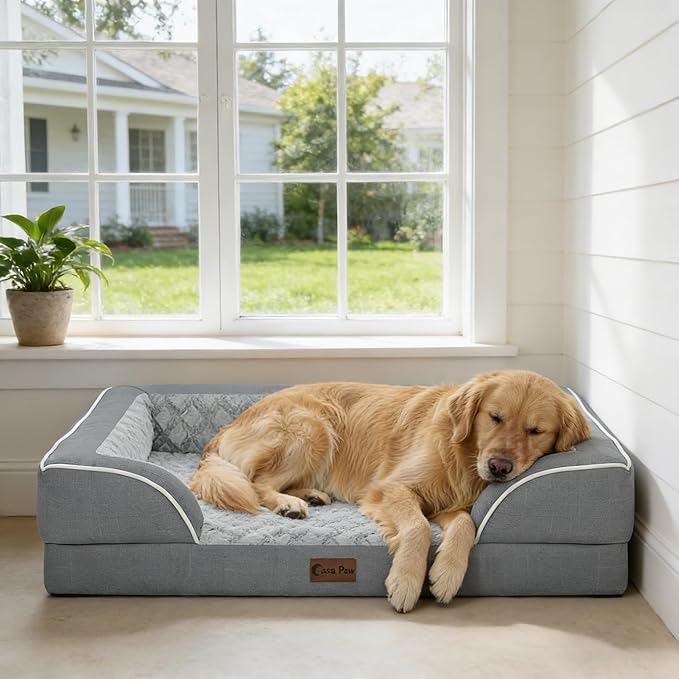 Orthopedic Dog Beds for Extra Large Sized Dogs, Waterproof Memory Foam XL Pet Bed with Sides 48x30Inch, Non-Slip and Egg-Crate Foam Big Dog Couch Bed with Removable Washable Cover, Grey