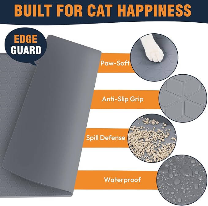 Large Cat Mat for Litter Box, 34"x22" Waterproof Silicone Mat with Litter Trapping, Easy Clean & Non-Slip Floor Pad for Indoor Cats, Black