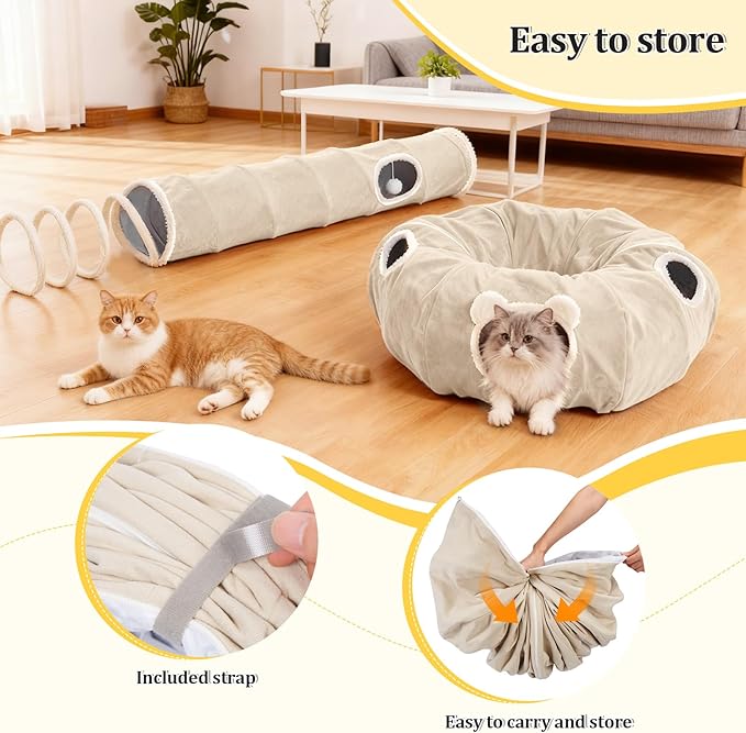 Ownpets 2-in-1 Cat Tunnel, Large Lollipop Shape Cat Tunnel Toy with Fluffy Balls, Spiral Toy, Plush Collapsible Cat Cave Hideout Donut Tunnel for Multi Kitten Puppy Rabbit (Beige)