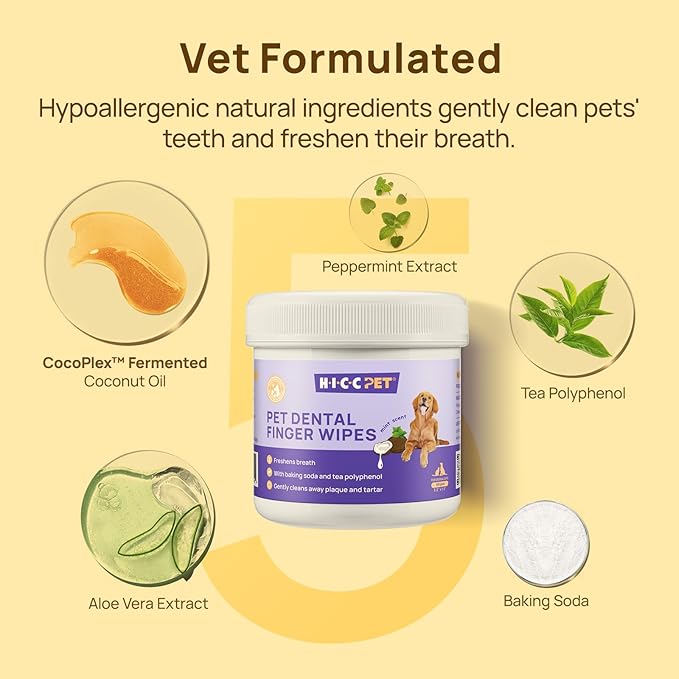 HICC Pet Teeth Cleaning Wipes for Dogs & Cats, Vet-Recommended Remove Bad Breath, Plaque, Tartar Buildup Dog Finger Toothbrush Wipes, Dog Tooth Brushing Kit, Pet Toothpaste & Toothbrush Alternatives