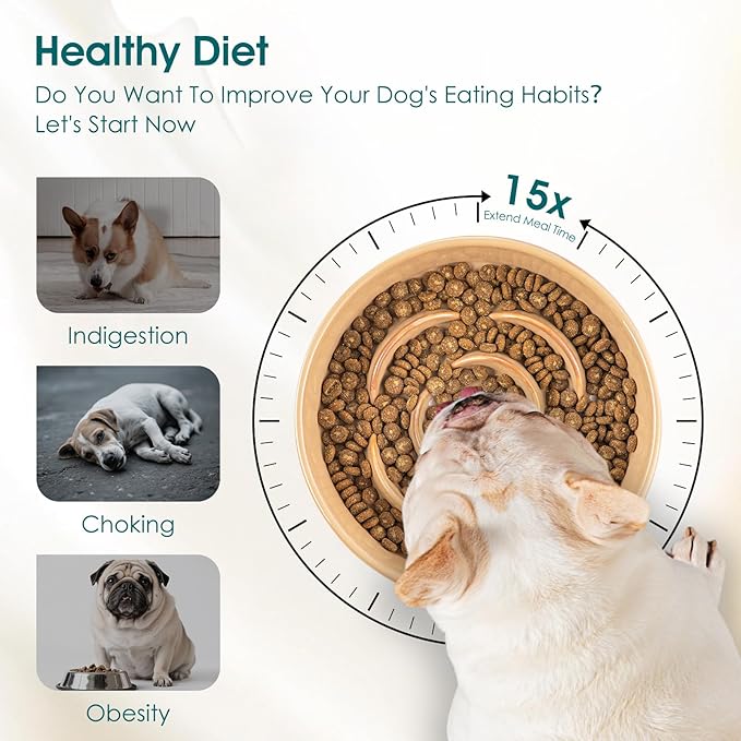 vancasso Slow Feeder Dog Bowl, 0.6 Cups Ceramic Dog Food Dish for Fast Eaters Small Breed, Puzzle Bowl for Small Dogs and Cats, Khaki