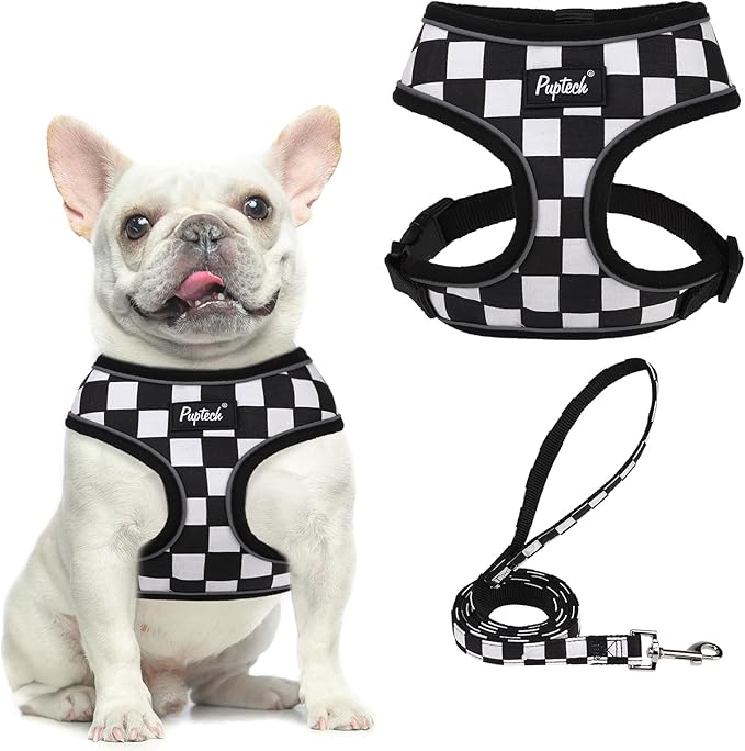PUPTECK Soft Mesh Dog Harness and Leash Set Pet Puppy Cat Comfort Padded Vest No Pull Harnesses, Checkered Black&White, M