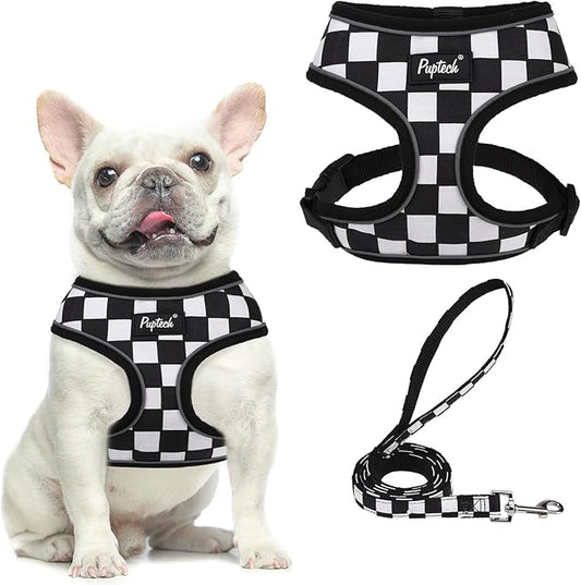 PUPTECK Soft Mesh Dog Harness and Leash Set Pet Puppy Cat Comfort Padded Vest No Pull Harnesses, Checkered Black&White, L