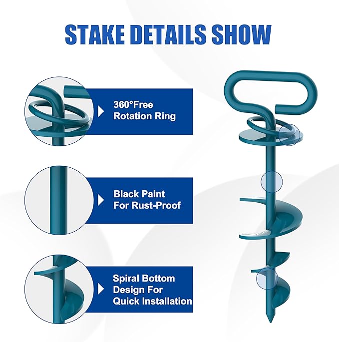 Eurmax USA Dog Tie Out Stake Triple Lock Heavy Duty Dog Anchor for Large Dogs Trampoline Stakes Dog for Yard and Outdoor Dog Runner Install & Travel Kit Included,1-Pack(Navy Blue)