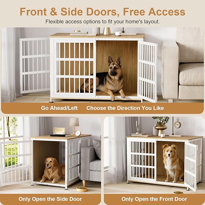 46" Dog Crate Furniture with Wheels, XXL Heavy Duty Dog Kennel Indoor for XL Dogs, Metal Chew-Proof Dog Cage, 45.9" L x 27.6" W x 32.4" H, Decorate House as TV Stand, End Table — Natural and White