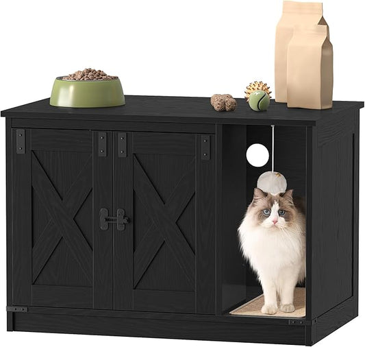 Cat Litter Box Enclosure, Hidden Litter Box Cabinet Furniture with Bell, Indoor Cat House, Farmhouse Style, 31.5 x 19.7 x 20.9Inches, for Hallway, Bedroom, Black CB82404X
