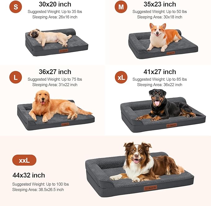 Orthopedic Dog Beds for Large Dogs, Memory Foam Dog Beds Large Sized Dogs, Washable Removable Cover, Nonskid Bottom, Waterproof, for Indoor, Outdoor, Crate ＆ Car Use, 44x32x6 Inches, Dark Grey