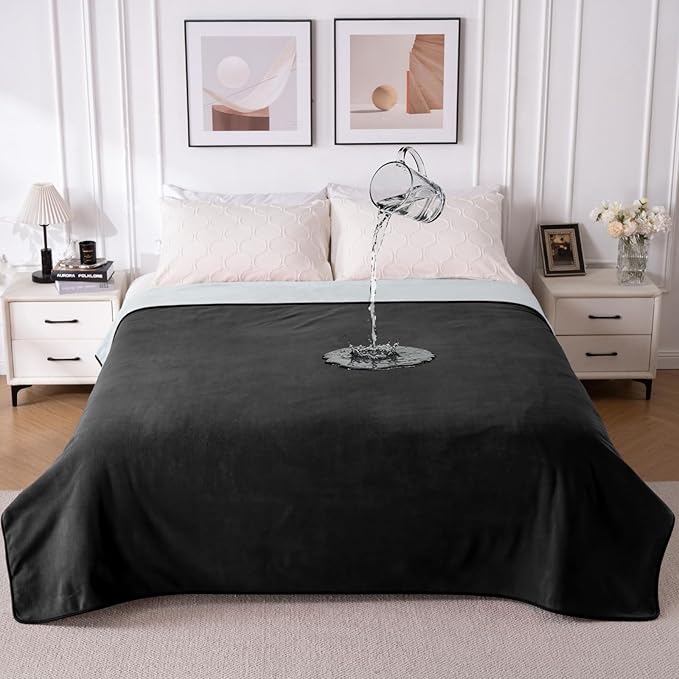 QiyI Waterproof Blanket for Bed King Size, Washable Reversible Bed Cover, Large Leakproof Stain-Resistant Furniture Protector for Travel & Camping, 80"x90", Black/Light Grey