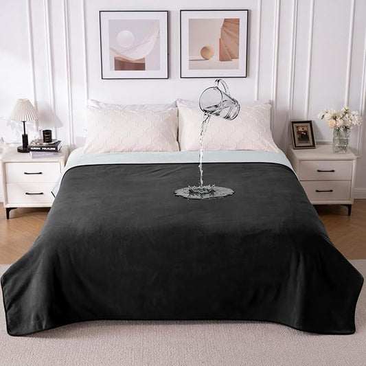 QiyI Waterproof Blanket for Bed King Size, Washable Reversible Bed Cover, Large Leakproof Stain-Resistant Furniture Protector for Travel & Camping, 80"x90", Black/Light Grey