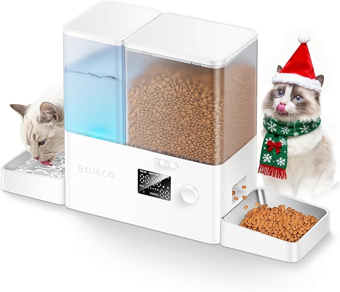 Rojeco 36Cups/8.5L Pet Automatic Cat Feeder and Gravity Water Dispenser,Stainless Steel Bowls 2-in-1 Set Large Capacity 5L Food Feeder and 3.5L Water Fountain for Cats,Pets,Small Dogs,Puppies,Kittens