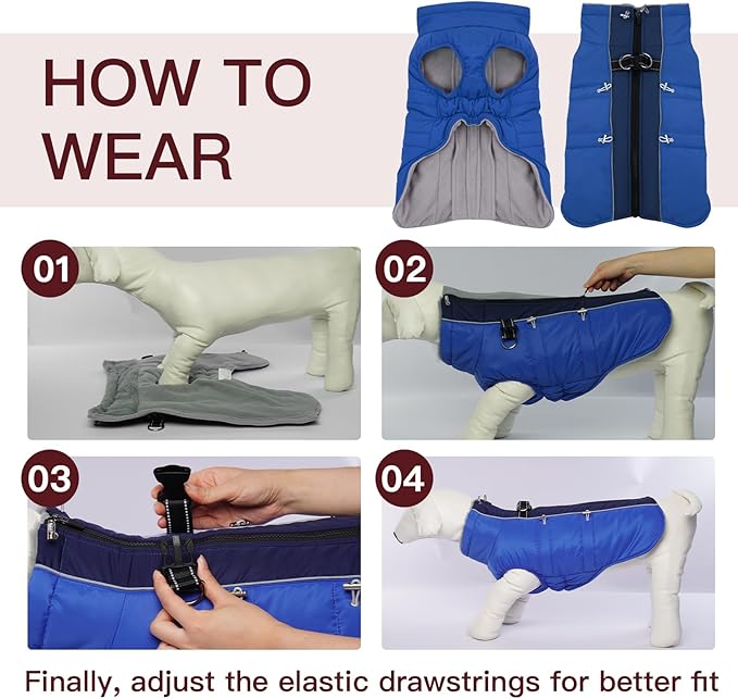 Dog Winter Jacket - XX Large, Warm Zip Up Snowsuit Dog Harness Vest, Reflective, Water-Resistant, Royal-Blue