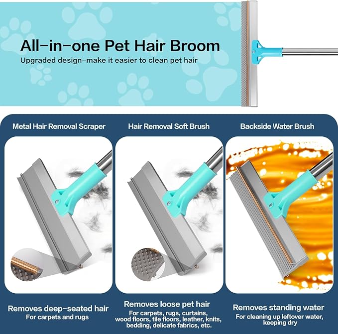 3 in 1 Carpet Rake for Pet Hair Removal, Reusable Pet Hair Remover Broom with 54" Adjustable Long Handle, Dog Cat Carpet Scraper Brush Tool Kit for Cleaning, Dog Fur Broom for Rugs, Mats, Couch