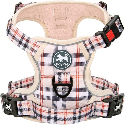 PoyPet Plaid Dog Harness, No Pull Front Clip Pet Vest Harness, Soft Padded Reflective Adjustable Walking Harness with Handle for Large Medium Small Dogs(Checkered Beige,S)