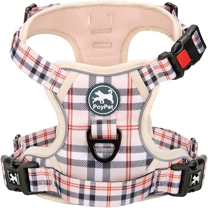 PoyPet Plaid Dog Harness, No Pull Front Clip Pet Vest Harness, Soft Padded Reflective Adjustable Walking Harness with Handle for Large Dogs(Checkered Beige,L)