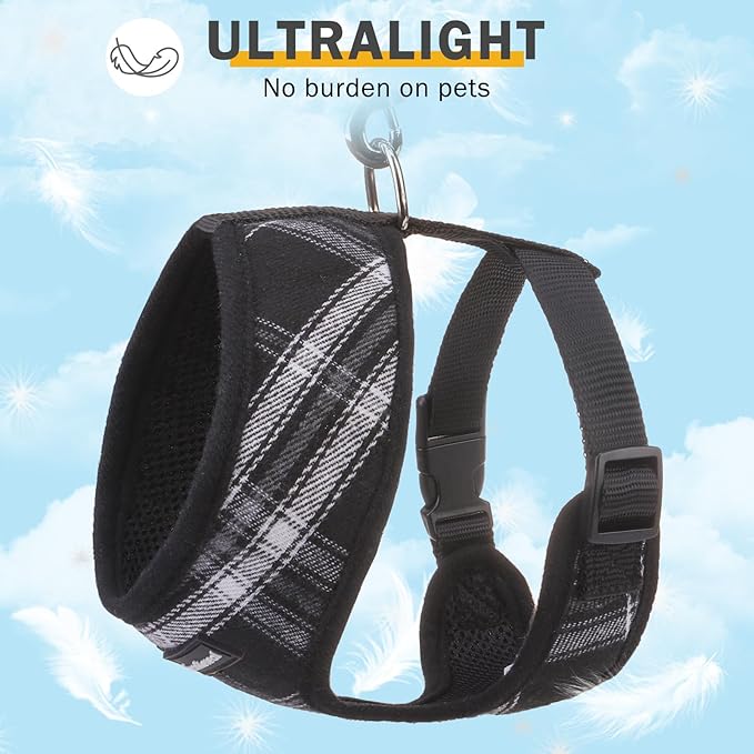 SCENEREAL No Pull Dog Harness Collar and Leash Set Small Medium Sized Dog, Soft Mesh Step in Puppy Harnesses, No Chock Plaid Adjustable Pet Vest for Outdoor Walking Training and Running, Black S