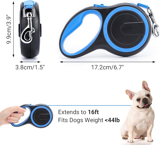 Segarty Dog Leash Retractable, 16ft Heavy Duty Walking Dog Leash for Medium Small Dogs up to 44lb, Anti-Slip Handle 360°Tangle-Free Nylon Tape, One-Handed One Button Lock and Release (Blue)