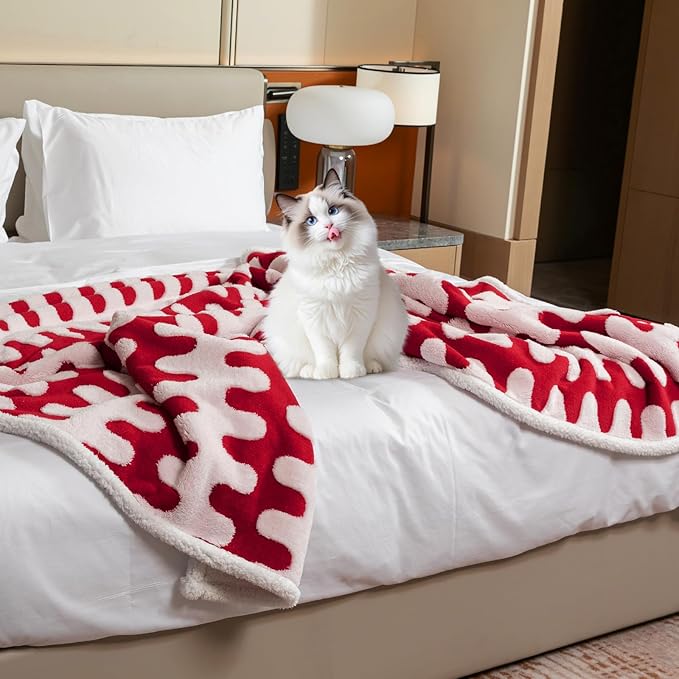 Waterproof Pet Blanket,Dog Bed Covers Small Throw for Puppy Cats Stylish Jacquard Pets Couch Sofa Furniture Protection Washable Reversible Covers (Red Wave,XS)