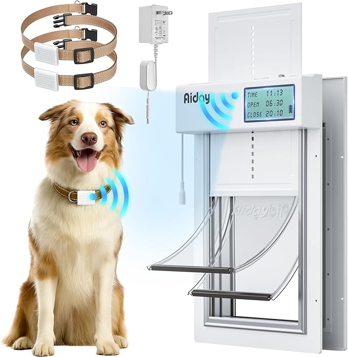 Automatic Dog Door with Collar Sensor, 2-Flap Electronic Large Dog Door for Door with Anti-Pinch, Mains-Powered, Timing Function, LCD Display, Metal Frame- L