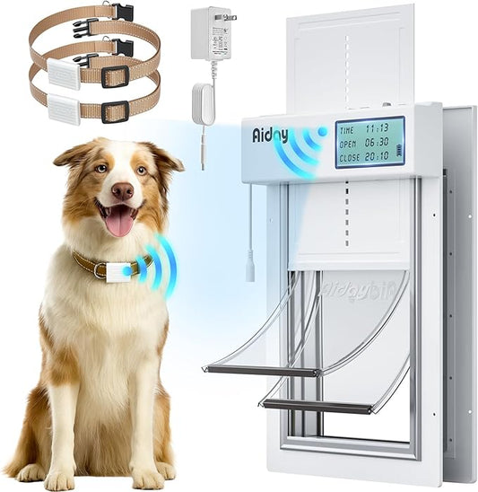 Automatic Dog Door with Collar Sensor, 2-Flap Electronic Large Dog Door for Door with Anti-Pinch, Mains-Powered, Timing Function, LCD Display, Metal Frame- L